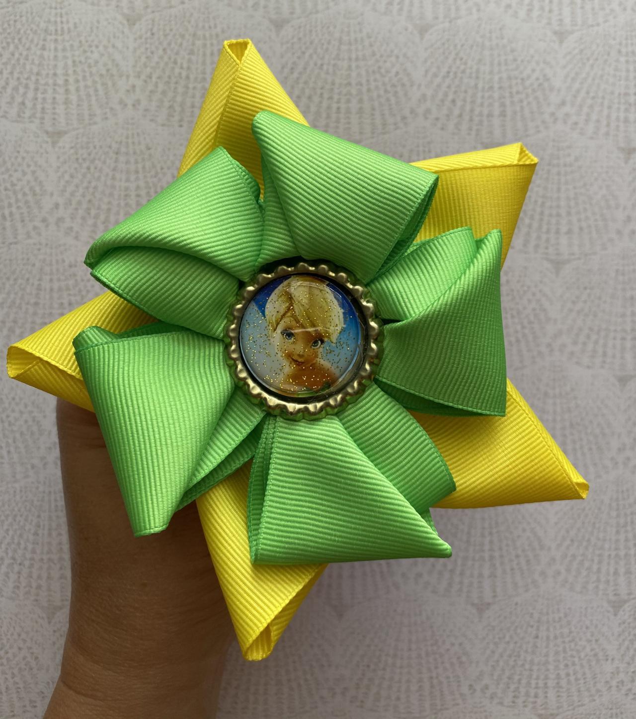 Tinker bell inspired hair bow set green and yellow