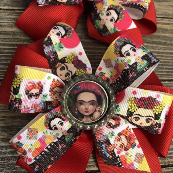 Mexican Lotería bows/Pinwheel Frida inspired girl hair bows handmade